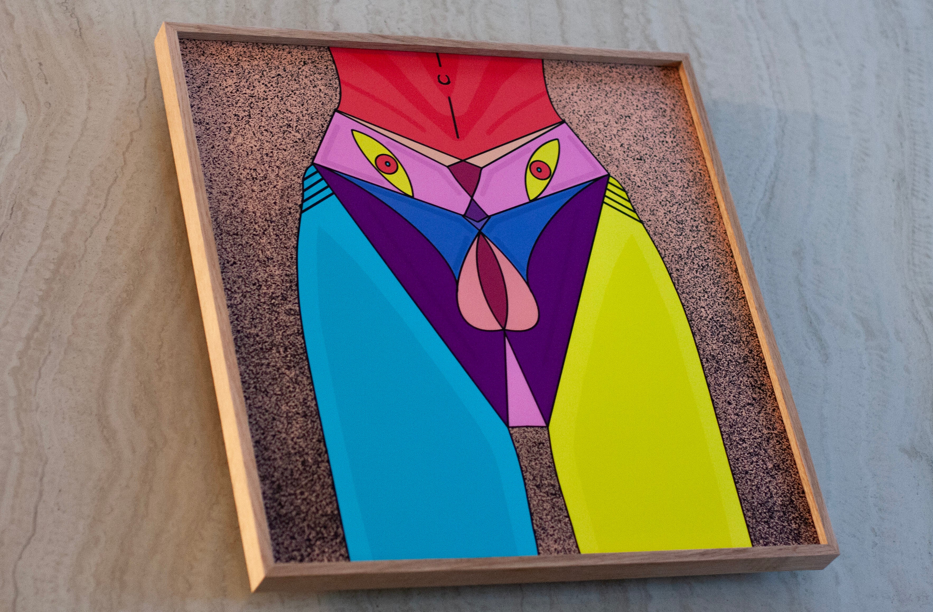 Fine art illustration “Unapologetically Myself” by Croatian artist Antonija Butković, exhibited at ART Expo Ljubljana 2025. Colorful abstract art piece in a wooden frame on a textured surface. 